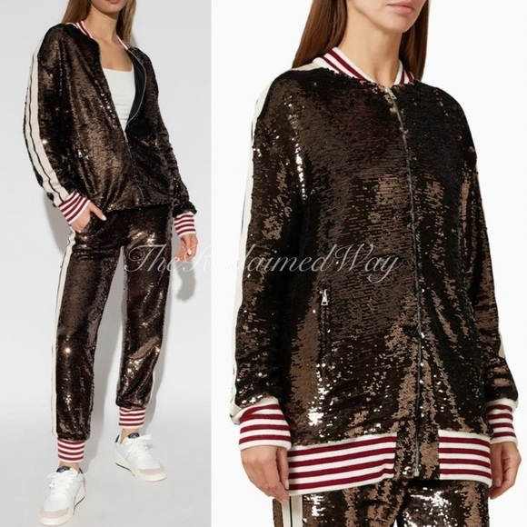 Palm Angels Sequin Track Jacket Zip Up Striped Oversized Coat Chocolate Brown - Picture 4 of 17